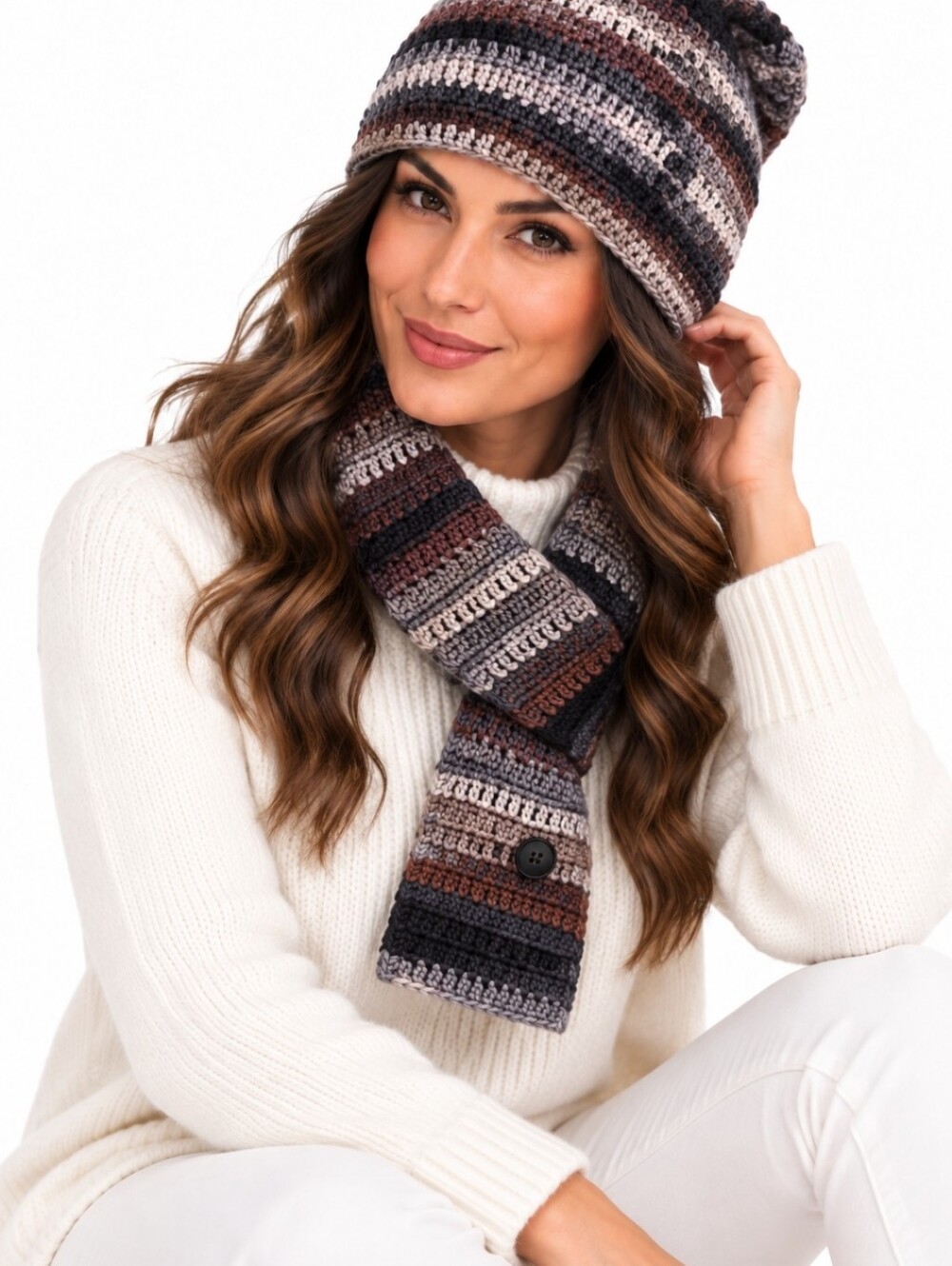 Handmade Crochet Beanie & Scarf Set Women’s Striped Winter Warm Accessories